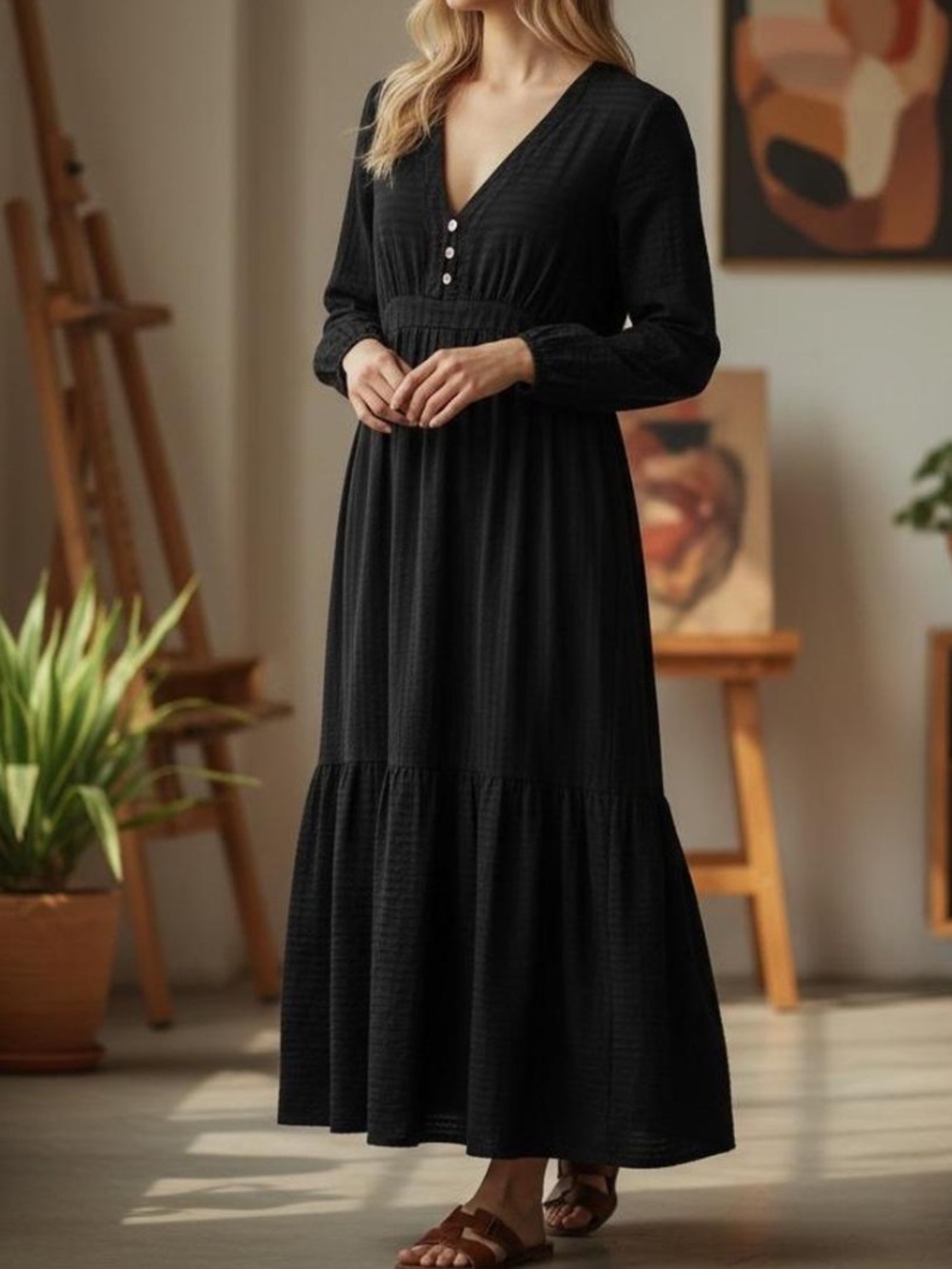 NWT Anthropologie AMADI Alisha Tiered Maxi Dress Balloon Sleeve Black XS Boho